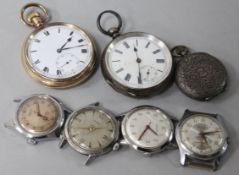 A silver pocket watch, a gold plated pocket, a fob watch and four wrist watches.
