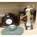 A Deco ink stand, two mantel clocks, a spelter figure, etc.