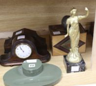 A Deco ink stand, two mantel clocks, a spelter figure, etc.