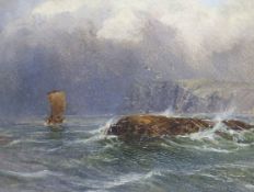 Late 19th century English Schooloil on panelFishing boats in a rough sea off coastal cliffs7 x 9in.