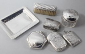 An American sterling silver miniature tray and six other small silver items including vesta case and
