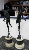 A pair of bronze figures of Mercury and Diana, on marble bases, height 82cm