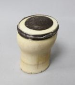 A silver mounted ivory snuff mull, English, dated 1748 the lid with a silver plaque engraved with