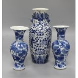 Three Chinese blue and white vases, tallest height 26cm