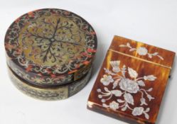 A tortoiseshell and mother of pearl card case, and a boullework box