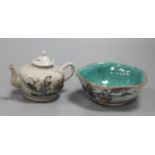 A Chinese famille rose wine pot and a decagonal bowl, teapot 10cm