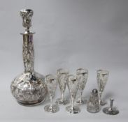 An American silver overlaid glass liqueur decanter and six glasses