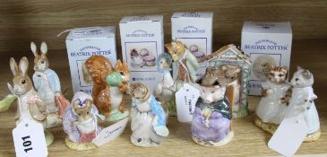 Thirteen Royal Albert Beatrix Potter figures, four boxed including Mrs Rabbit Cooking, Mrs