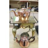 A brass footman, a copper kettle and a teapot, etc., footman height 30cm, width 46cm, depth 29cm