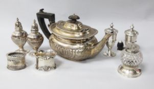 Mixed silver including a teapot, condiments and a napkin ring.