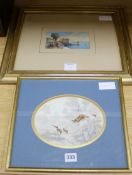 Thomas Leeson RowbothamwatercolourItalian lake scene 3.5 x 6in., and a study of a fox and