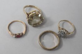 Three assorted 9ct gold rings and a 14ct gold ring.