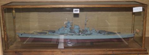 A cased model of a World War II German naval ship, H.28cm, W.78cm, D.21cm