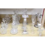 Three graduated glass candlesticks and an epergne, candlesticks 41cm