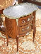 A Louis XV style marble topped parquetry inlaid two drawer chest W.61cm