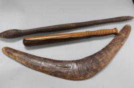 A tribal club, a boomerang and a truncheon, club length 63cm