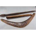 A tribal club, a boomerang and a truncheon, club length 63cm