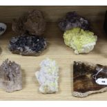 Seven assorted geodes including two sulphur minerals, dessert rose, white quartz cluster, polished