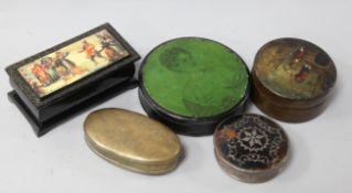 A group of papier mache snuff boxes, an inscribed brass tobacco box and a tortoiseshell box