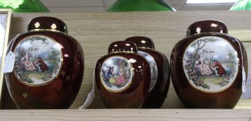 Four Carlton Ware Rouge Royale ginger jars and covers decorated with Fragonard-style scenes of