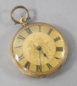 An 18ct gold fob watch, with engraved Roman dial and watch key.