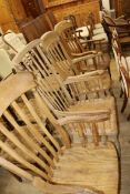 Three Victorian elm and beech lathe back elbow chairs and one other