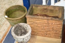 Rectangular terracotta planter, terracotta pot and a small composition pot W.52cm, 38cm, 29cm