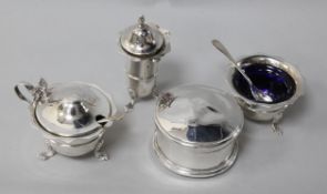 A Edwardian three piece silver condiment set and a damaged trinket box.