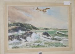Alan Crisppair of watercoloursEarly aeroplanes flying over the coastsigned11.5 x 17.5in.