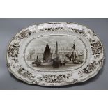 A Herculaneum brown transfer printed meat dish 'New Baths, George Parade Liverpool'