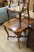 An Edwardian inlaid rosewood occasional table and a mahogany elbow chair, W.75cm