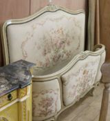 A Louis XV style cream painted and Aubusson tapestry upholstered double bed head, W.150cm