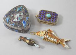 Four assorted enamelled items, to include a reticulated fish, two pill boxes including filligree and