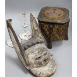 A pair of enamel floral candlesticks, A tribal carved mask and a lacquer box, candlesticks height
