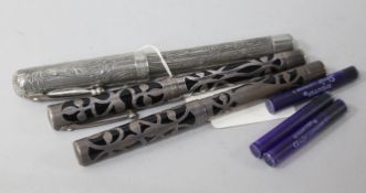 Sheaffer - pair of sterling filligree nostalgia pens and a Royal Solanger pewter pen