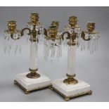 A pair of brass and marble candelabra, diameter 26cm