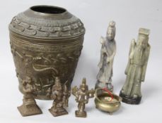 A Himalayan bronze jar, three Indian bronzes, a censer and two figures