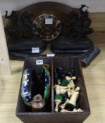 A pair of spelter figures, a mantel clock and other mixed collectables