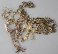 Three 9ct gold chains (all a.f.) and a 9ct gold cross pendant.