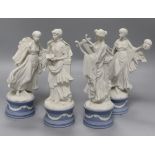 Four Wedgwood bisque pottery figures of the Muses, each on jasperware base, height approx. 25cm