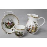 A Berlin cup and saucer, painted with birds and insects, and a Meissen baluster cream jug, painted