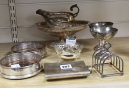 A pair plated Mappin & Webb coasters, a Mappin & Webb hip flask, two sauceboats, fruit basket,