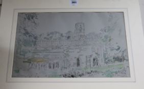 John Linfieldink and watercolourFountains Abbey,signed and dated 195612 x 18in unframed