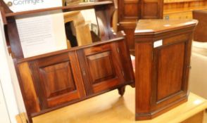 A mahogany wall bracket and a small hanging corner cupboard, bracket W.57cm cabinet W.44cm