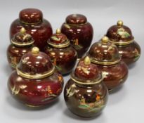 A pair of Carlton Ware Rouge Royale Pagoda ginger jars and covers, five similar small jars and