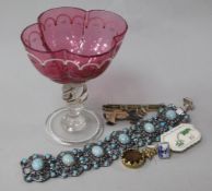 Minor costume jewellery and a small 19th century gilt and enamelled glass.