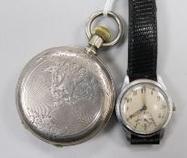 A white metal Longines hunter pocket watch with Roman dial and subsidiary seconds and a gentleman'