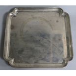 A George V silver square salver with inswept corners by Thomas Bradbury, Sheffield, 1920, 25cm, 22.7