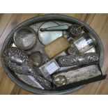 A group of silver dressing table items, a silver spoon and other items including plated ware.