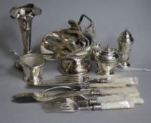 A three piece silver condiment set, Birmingham, 1943 and sundry plated wares.